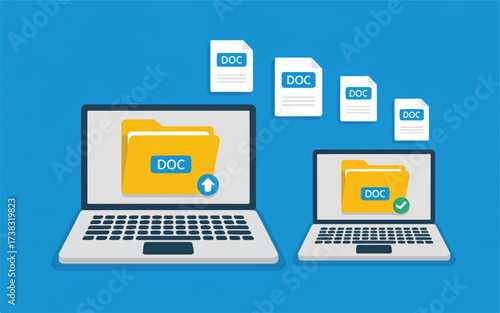 Laptops displaying document folders and file transfer icons computers