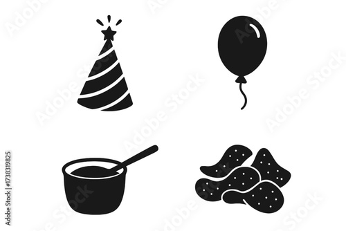 Party and celebration icon set. Vector glyphs of party hat, balloon, snacks, chips and dip. Fried chicken and food symbols for events. Isolated black silhouette elements.