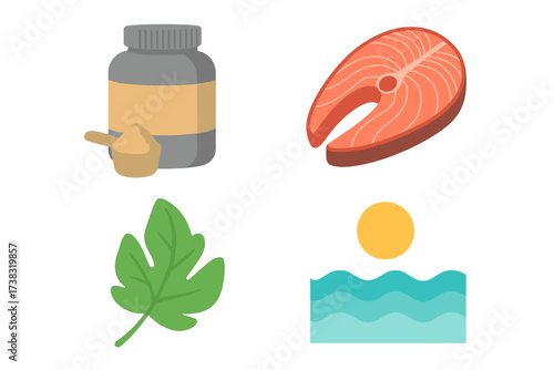Collection of protein food source icons. Set of vector illustrations with whey supplement, salmon fish steak, natural leaf, and sea symbol. Concept for healthy food, nutrition.