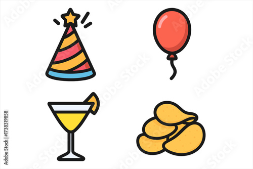 Party and celebration icon set vector illustration. Flat line design elements for birthday, event, or holiday. Includes party hat, balloon, cocktail drink, and potato chips snack.