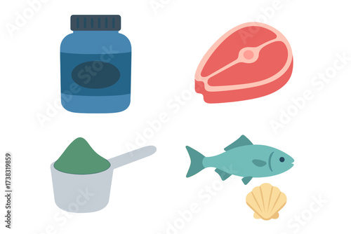 Protein sources icon set vector illustration. Natural food and supplements for fitness, bodybuilding and diet. Meat steak, fish, seafood and protein powder scoop flat design icons.