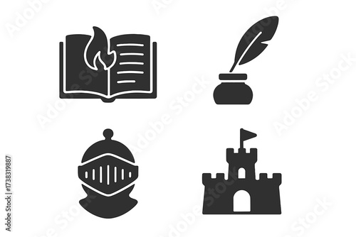 Medieval fantasy story icon set. Knight armor, castle, burning book, quill pen. History, literature, storytelling elements. Magic, fairytale, kingdom, writer vector icons.