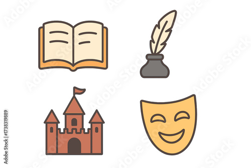 Vector icon set for storytelling and literature. Contains book, quill pen, fairy tale castle, and comedy mask. Symbols for writing, history, theater, fantasy, and education.