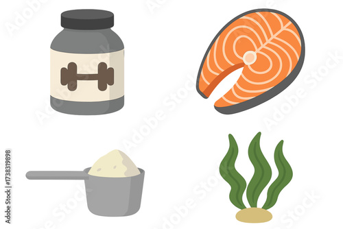 Protein sources vector icon set for fitness and nutrition. Bodybuilding supplement container, whey powder scoop, salmon fish steak and sea algae. Healthy food and seafood illustration.