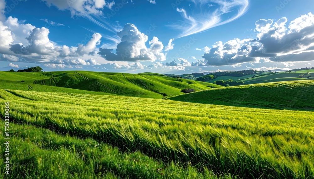 Fototapeta premium Lush Green Field with Rolling Hills Under a Bright Blue Sky and White Clouds at Daytime