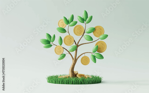 Money tree with gold coins and green leaves on grass growth finance