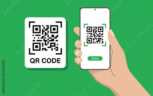 Person scanning QR code with smartphone on green background QR code mobile
