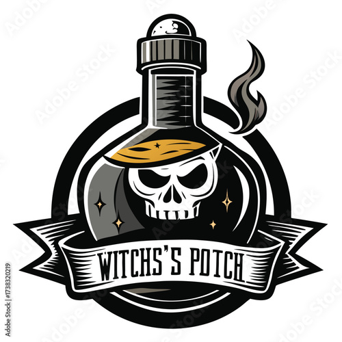 Witchs potch skull potion bottle logo design with flames and stars