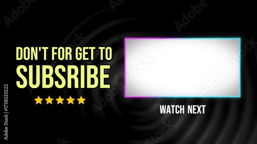 youtube end screen Black and subscribe button with 5 stars rating. Suitable for YouTube videos or presentations. Great for creators.