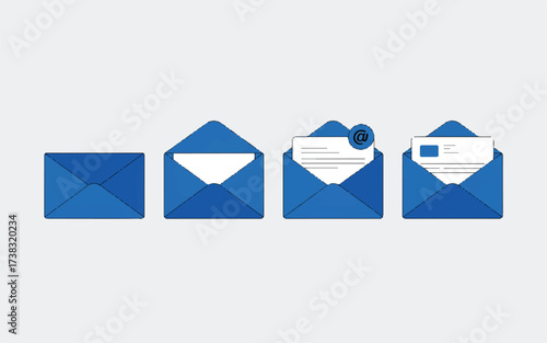 Sequence Of Blue Envelopes Showing Opening Process With Email Symbol vector illustration