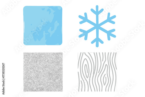 Vector collection of textures and icons. Set includes frozen ice surface, simple snowflake symbol, rough sand or stone pattern, and organic wood grain background for design.