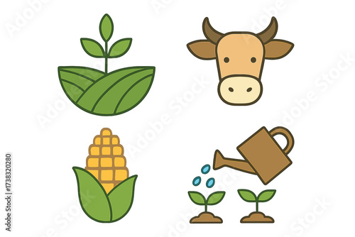 Agriculture icon set for organic farming. Vector symbols of farm elements: cow head for livestock, corn for crops, plant growth in a field, and watering can for cultivation.