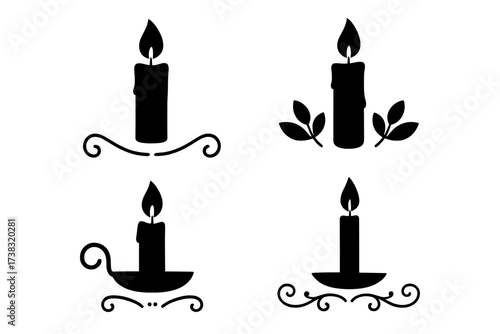 Set of black candle silhouettes with decorative scrolls and leaves. Vector icon collection for romantic, memorial, or spiritual concepts. Elegant minimalist candlelight design.