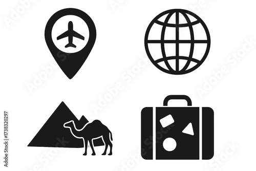 Travel icon set. Vacation journey symbols. Globe, airport pin, luggage, and Egypt pyramid with camel. Tourism and adventure concept. Flat vector illustration for web design.