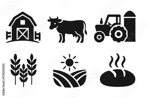 Farm and agriculture icon set. Vector collection of food and countryside symbols for stock. Includes barn, cow, tractor, silo, wheat, bread, and field. Flat design illustration.