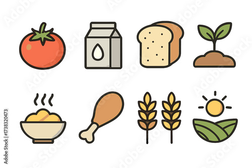 Food and agriculture icon set. Vector collection of farm-fresh produce, organic staples, and meals. Includes tomato, milk, bread, chicken, rice, wheat, and farming symbols.