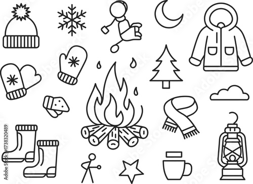 Winter bonfire doodle set with hand-drawn flames, logs, snowflakes, mittens, hats, scarves, boots, cups, and marshmallows on sticks illustration