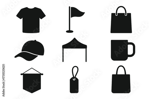 Promotional products and merchandise icon set. Vector collection for marketing, branding, and corporate identity. Includes t-shirt, cap, mug, bag, tent, flag, and pennant.