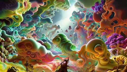 A vivid, hyperreal 3D landscape with surreal organic forms and soft lighting, depicting a dreamlike dreamscape grounded in tactile textures and natural shadows.