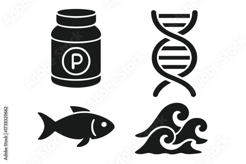Protein and phosphorus supplement icon set. DNA helix genetics symbol. Fish seafood silhouette and sea wave glyph. Natural food sources and science vector collection.