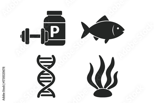 Protein sources vector icon set. Fish, seafood, DNA, seaweed pictograms. Fitness nutrition, bodybuilding supplement, genetic science, marine algae symbols. Health glyphs.