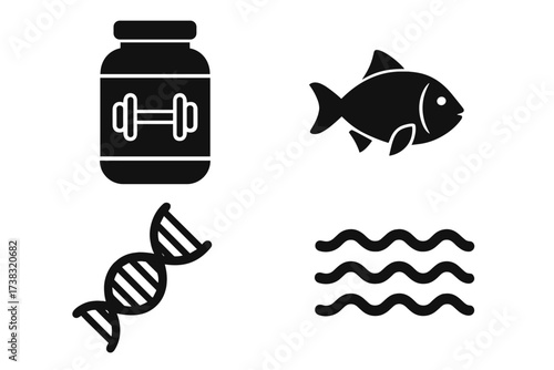 Protein icon set. Fitness supplement, bodybuilding container. Fish, seafood nutrition. DNA helix for genetics, science. Water wave. Vector glyphs for health, sport and food.