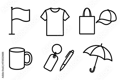 Promotional products icon set. Corporate identity branding merchandise vector pack. Line art outline icons for marketing swag like t-shirt, cap, mug, pen, and bag.
