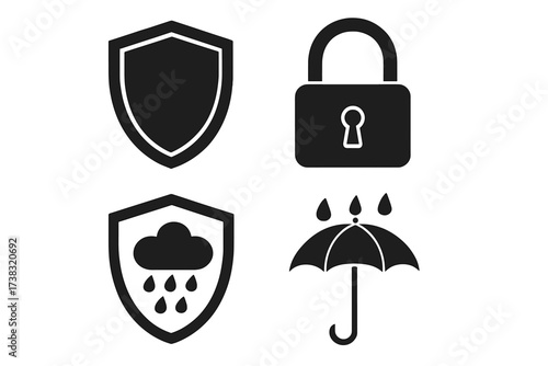 Protection and security vector icon set. Shield, padlock, umbrella symbols for safety and insurance concepts. Weatherproof, waterproof, rain, and defense web glyph pictograms.