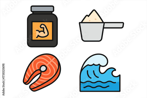 Protein sources icon set vector illustration. Whey supplement in a jar, powder scoop, salmon fish steak and sea wave symbol. Nutrition for bodybuilding, fitness and a healthy diet.