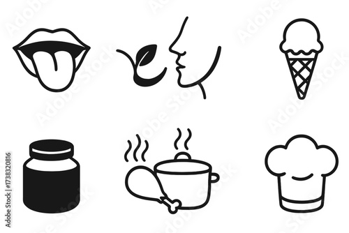 Food and cooking icon set. Vector line art collection. Taste, smell, chef, kitchen, meal symbols. Gastronomy glyphs for restaurant menu, food product packaging design.