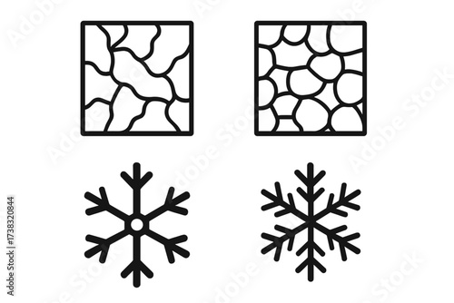 Vector icon set of frozen textures and snowflakes. Winter symbols collection. Includes ice crack patterns, frost signs, and cold snow crystal shapes. Editable line art.