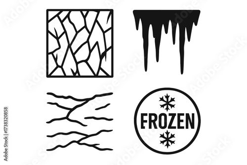 Frozen vector graphic collection. Set of isolated winter icons. Cracked ice texture, dripping icicles, frost pattern, and a circular frozen stamp with snowflakes. Cold concept.