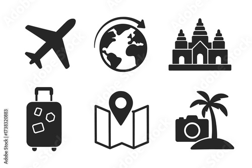 Travel and vacation icon set. Vector glyphs for tourism and journey. Airplane, globe, luggage, map pin, temple and beach holiday symbols. Worldwide trip and adventure concept.