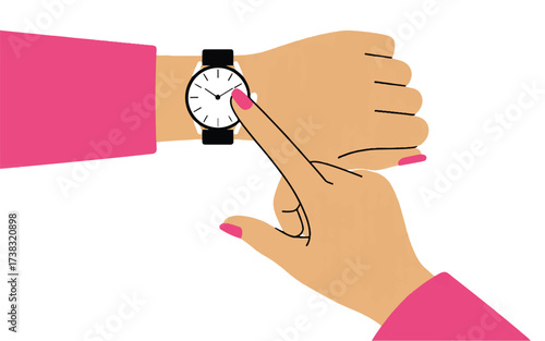 Woman's Hands Checking Wristwatch With Pink Sleeves And Nails female looking