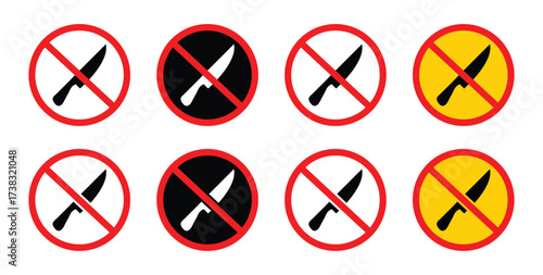 No Knife Sign. No weapon allowed symbol. Knife cross out. Prohibited icon in a red circle isolated on a white background.