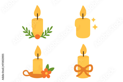 Set of decorative candle vector icons. Flat design illustration of burning candlelight with flame and wax. For holiday, Christmas, romantic, or spiritual concepts. Isolated.