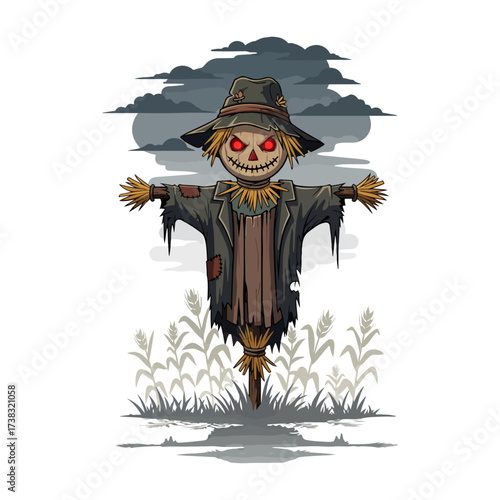 Spooky Scarecrow with Glowing Eyes Vector Illustration