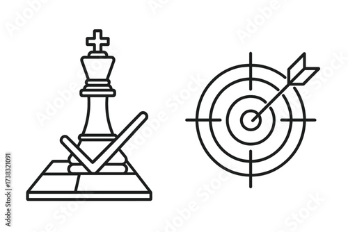 Line icon set with chess checkmate and target. Metaphor for business strategy, achieving goals, victory, and success. Vector symbol for marketing objective, win, and precision.