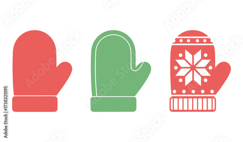 Three winter mittens in red and green with patterns on white background clothing accessory