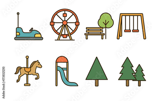 Amusement park and playground icon set. Vector line art collection of funfair and recreation symbols. Ferris wheel, carousel, slide, swing, bumper car, park bench, and trees.