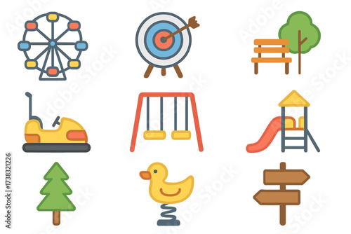 Amusement park and playground colorful icon set. Vector collection of entertainment and recreation symbols. Ferris wheel, swings, slide, bumper car, and target for funfair.