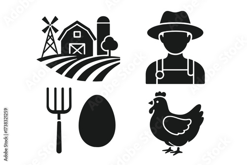 Farm and agriculture icon set. Vector glyph collection with farmer, chicken, egg, and barn. Rural life, organic food, and homemade product symbols for local markets.