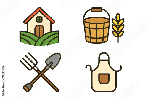 Homesteading and agriculture icon set. Vector symbols of farm life. Includes barn, wheat, bucket, pitchfork, shovel, and apron. For organic farming and rural lifestyle concepts.