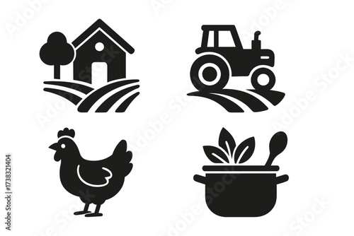 Farm and agriculture icon set. Homestead vector symbols collection. Farmer, tractor, chicken, and cooking pot icons. Farm-to-table, organic food & rural lifestyle concept.