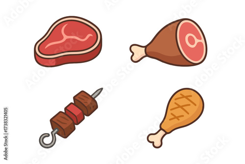 Meat collection vector icon set. Raw beef steak, pork ham leg, grilled chicken drumstick and shish kebab skewer. Food for barbecue, grill or butcher shop. Cartoon protein.