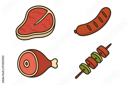 Meat collection vector icon set for barbecue and grilling. Raw T-bone steak, grilled sausage, ham hock, and kebab skewer illustration. Butcher shop food and protein concept.