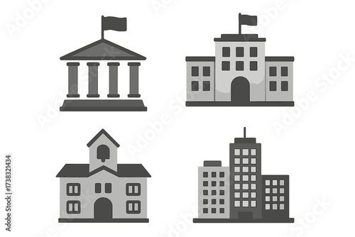 Vector building icon set. Government, bank, courthouse, school, university. Municipal architecture collection. Real estate and city property symbols. Flat illustration for web.