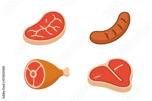 Meat collection vector icon set. Raw steak, t-bone, grilled sausage, chicken leg. Butchery food symbol. Barbecue protein illustration. Fresh beef, pork pictogram for menu.