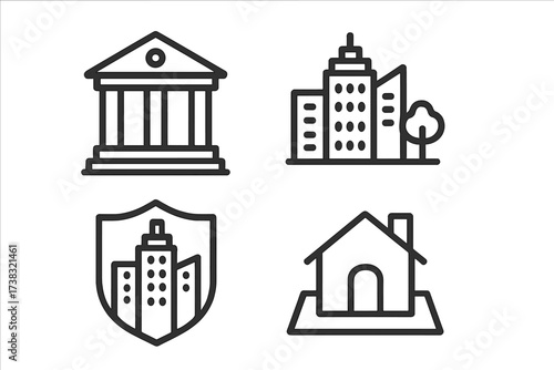 Real estate line icon set. Vector symbols for property, city, and architecture. Includes bank, house, apartment, and building insurance shield logo. For web and graphic design.