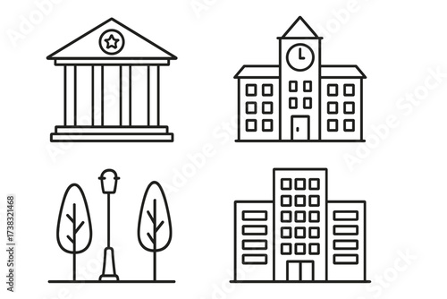 City building icon set. Vector line art illustrations of municipal and public places. Courthouse, school with clock tower, office building and city park. Urban architecture symbols.